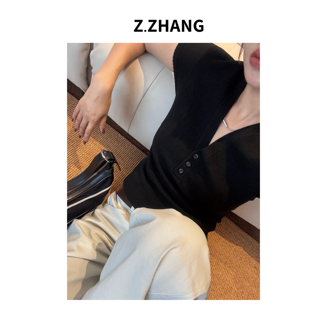 ZZHANG绵羊毛飞飞袖修身V领针织短袖极简百搭高级