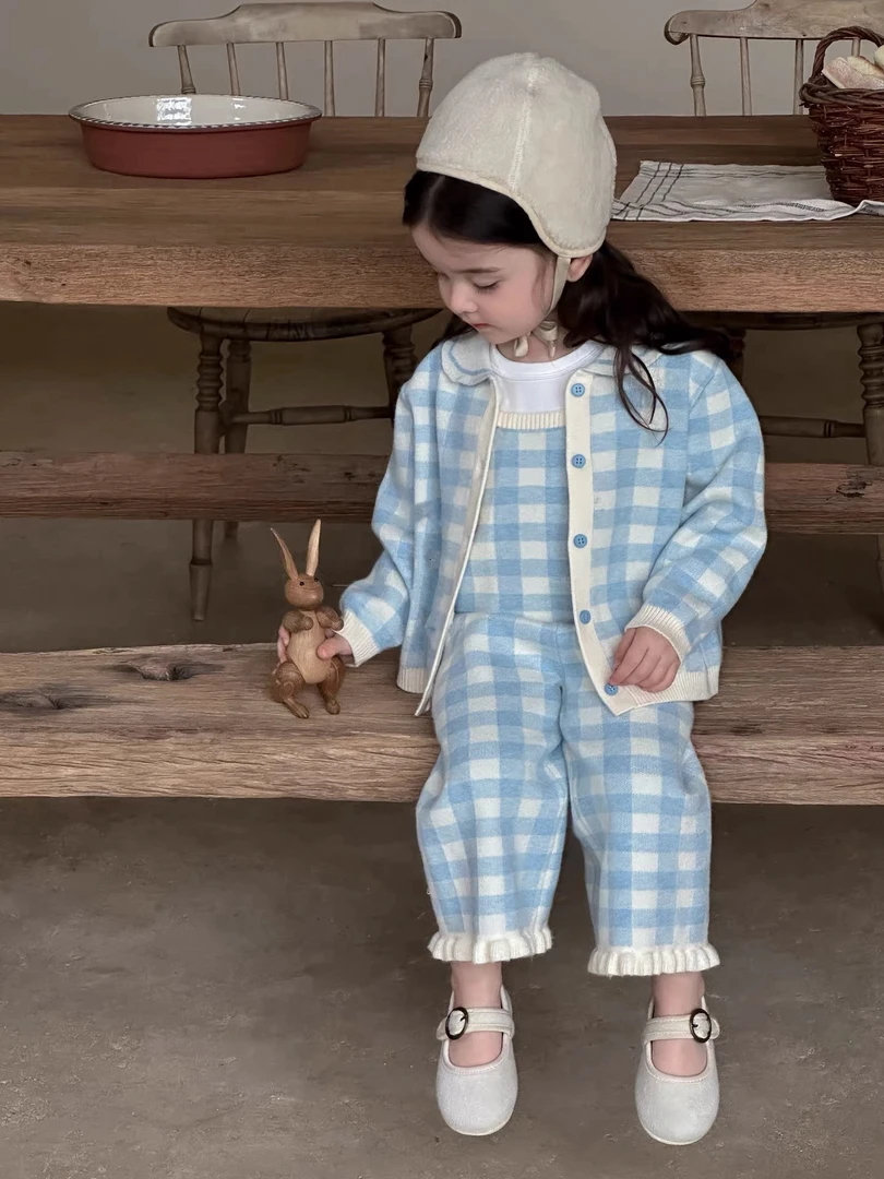 女童春秋季套装2025新款洋气甜美女孩蓝色格子三件套小女孩时髦潮