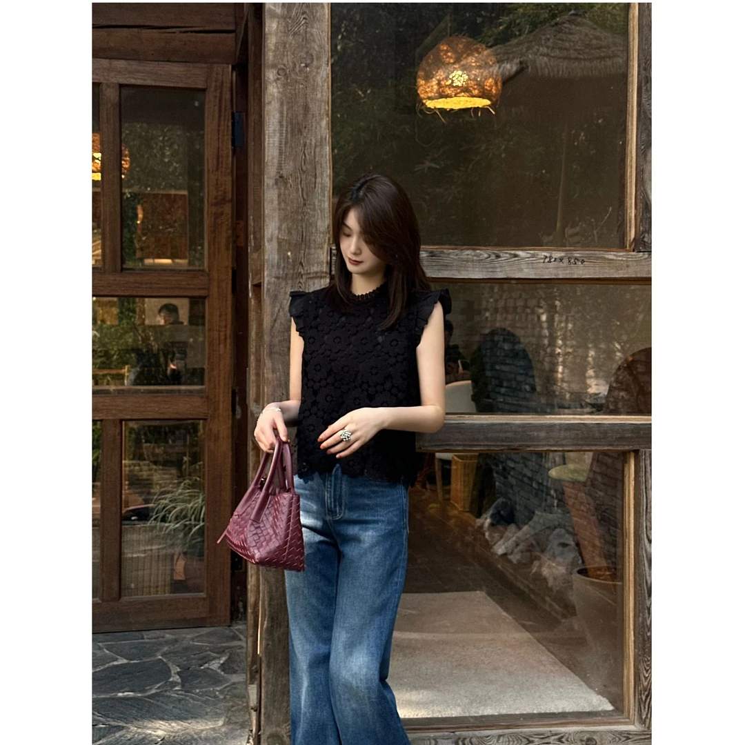 T112318TF镂空针织无袖背心上衣T恤