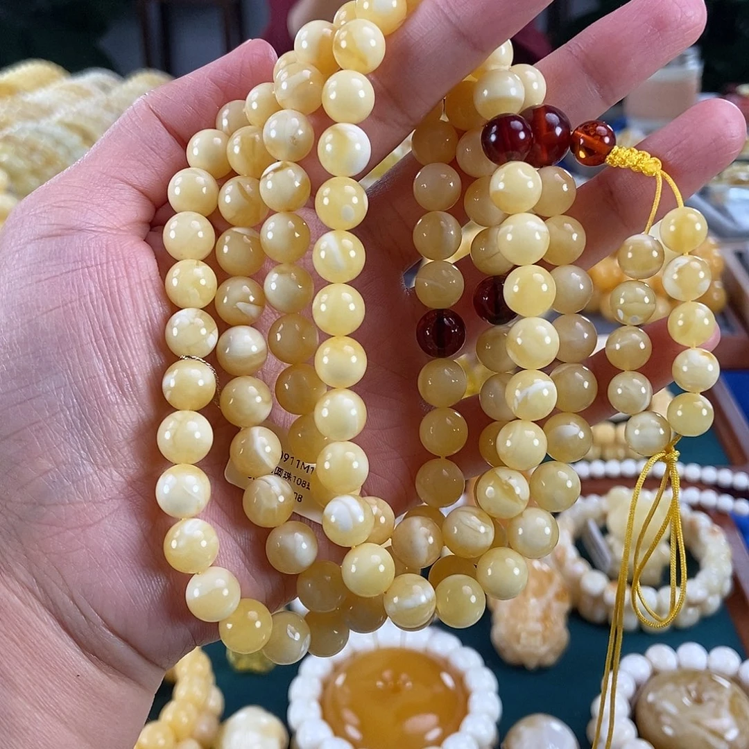 琥珀未镶嵌珠宝奇石9+白蜡圆珠108串60.07