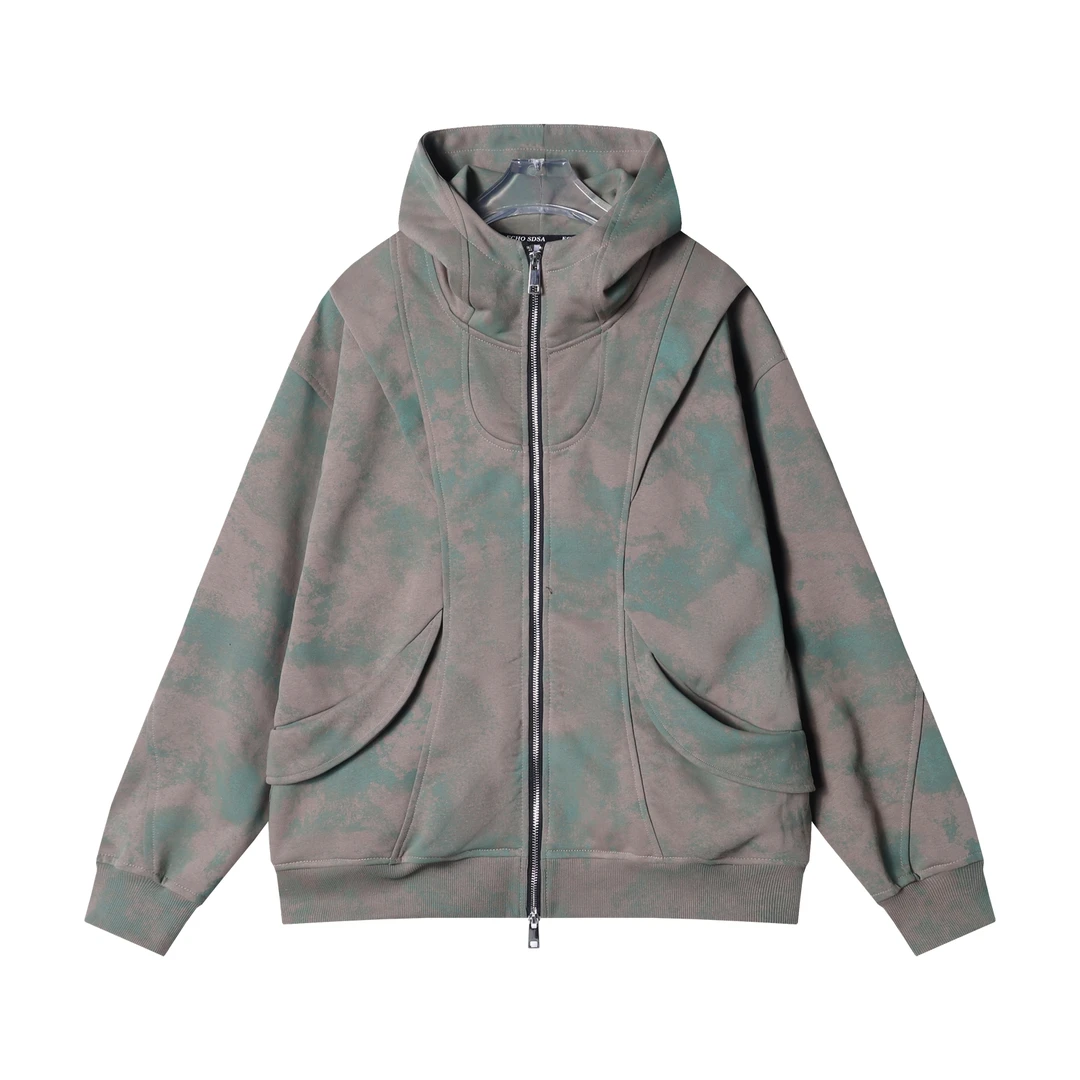 秋冬季新款时尚个性美式扎染立领拉链开衫卫衣百搭情侣复古外套