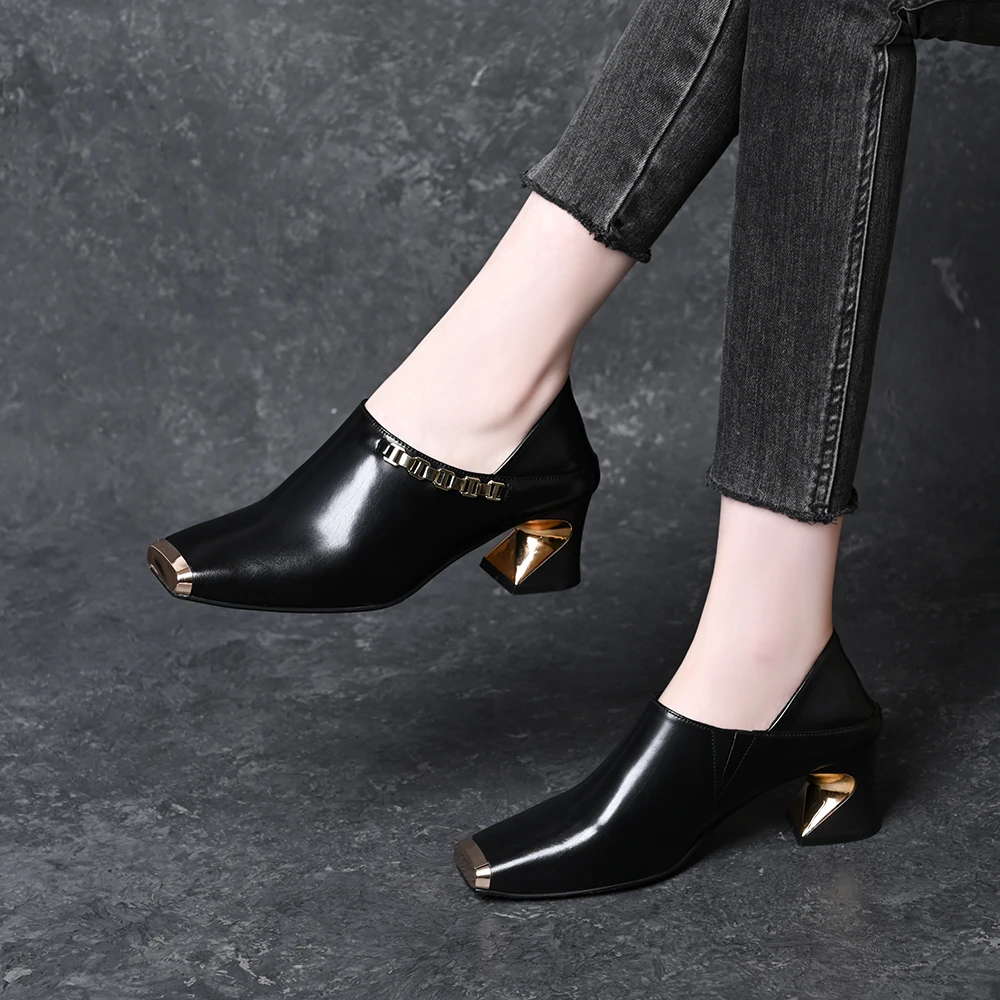 深口粗跟百搭软皮单鞋女2025春秋新款方头金属头防踢一脚蹬高跟鞋
