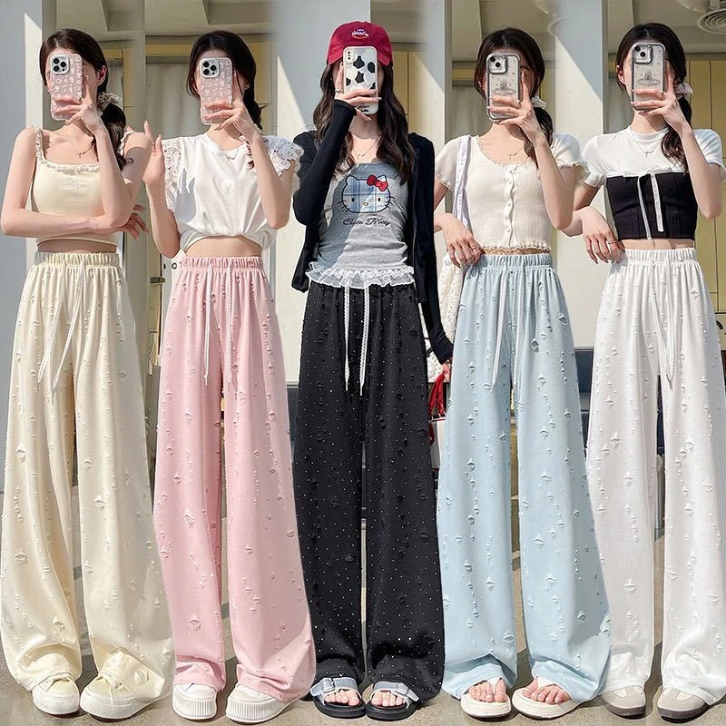 长裤外穿高腰休闲裤韩版直筒破洞夏季透气薄款烫钻