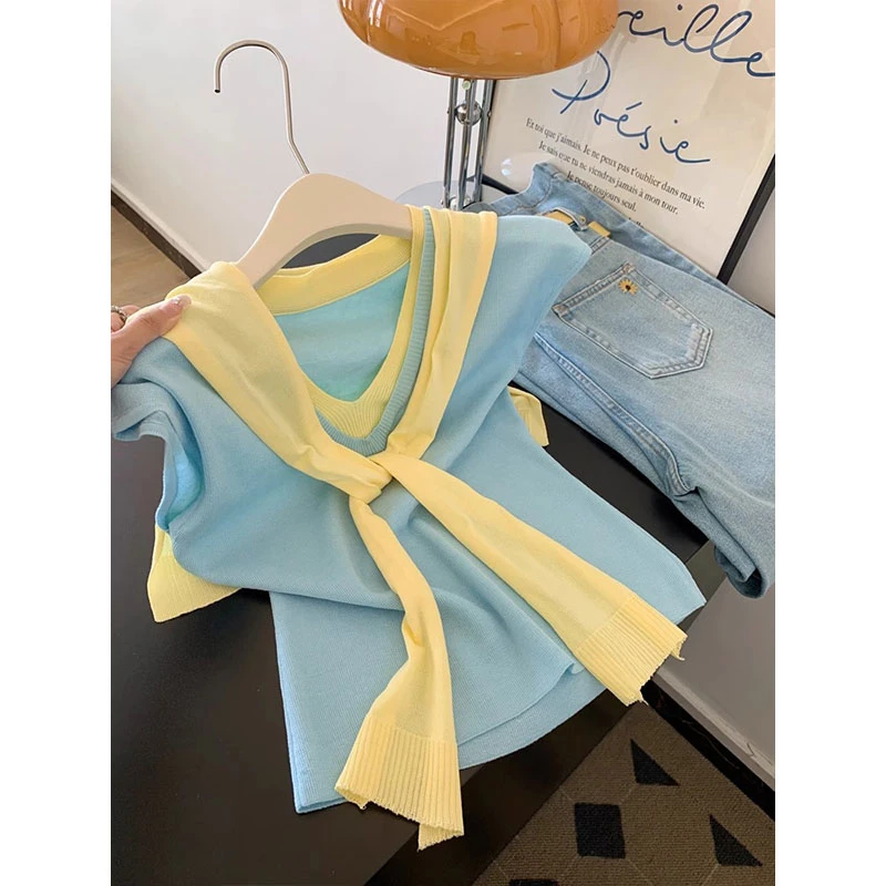 好听鸭蓝色假两件短袖t恤女气质短款轻熟小众不撞款上衣设计高级