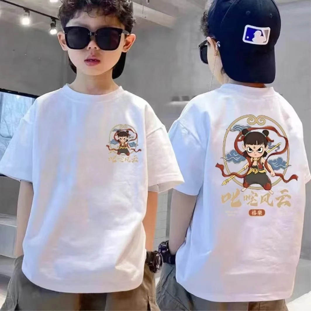 (哪吒）100%纯棉圆领T恤夏季修身国潮印花短袖亲子装高品质百搭