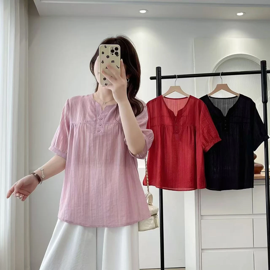 V领薄款中长裙女装衬衫气质休闲洋气小衫上衣宽松宽松型女装夏季