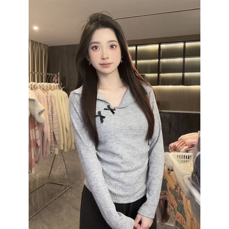 flota/2249 甜妹温柔风蝴蝶结翻领女百搭竖坑条纹针织衫收腰XJ