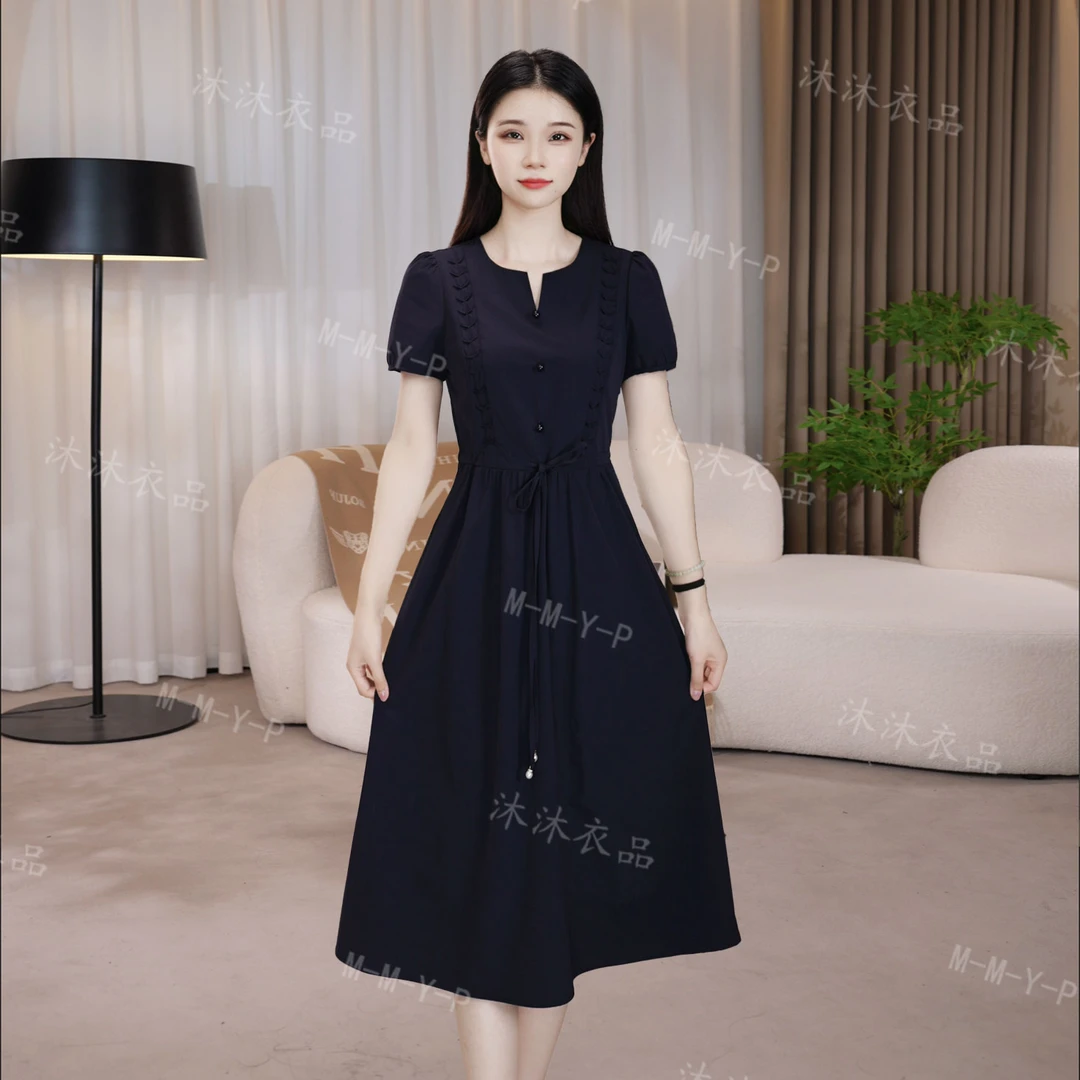 X中长款裙子显瘦收腰裙夏季短袖赫本风连衣裙优雅时尚气质