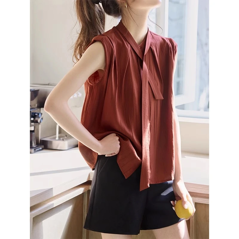 红色立领系带无袖衬衫女2025年夏季新款时尚通勤飘带上衣别致小衫