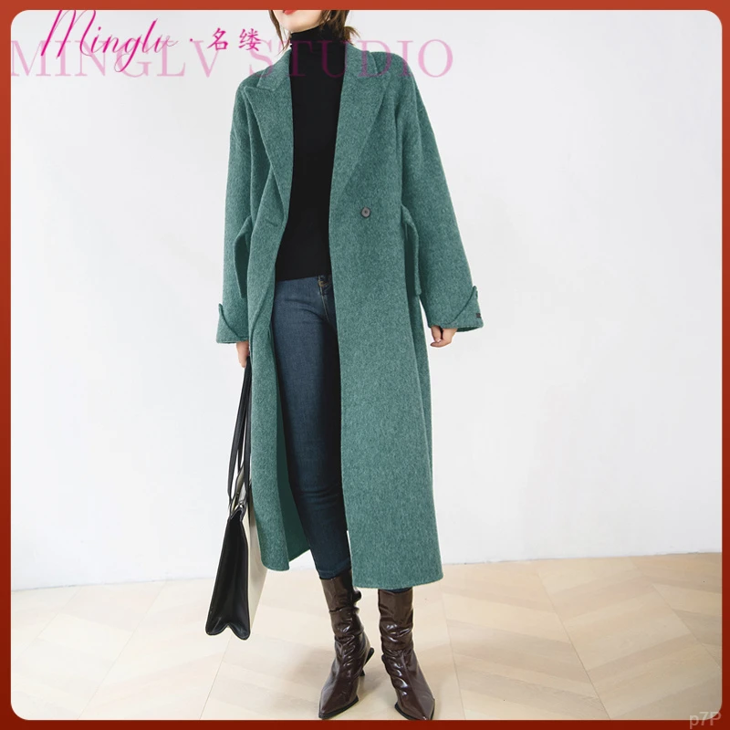 名缕绿色高品质加厚呢中长款毛呢外套时尚直筒宽松高级感毛呢外套