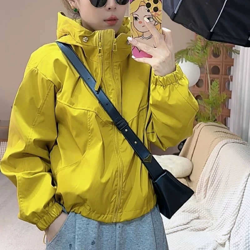 【秋季爆款】双拉链女款连帽春秋纯色短款休闲拼接防风短外套5202