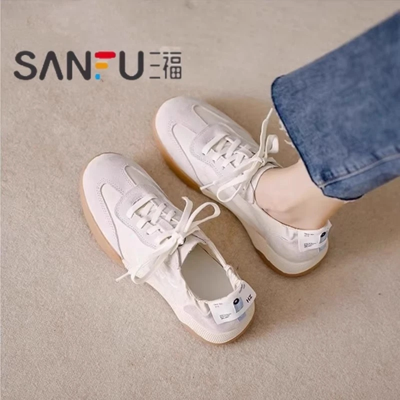 三福芭蕾德训鞋女帆布阿甘鞋2025春季新款透气软底运动休闲小白鞋