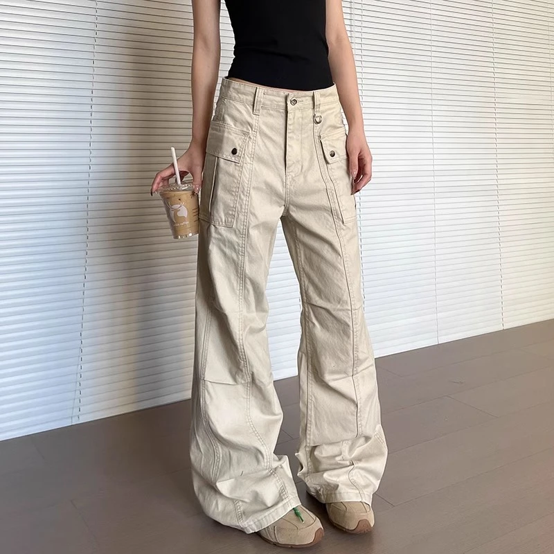 美式复古多口袋工装裤女直筒微喇立体显瘦水洗休闲长裤子情侣同款