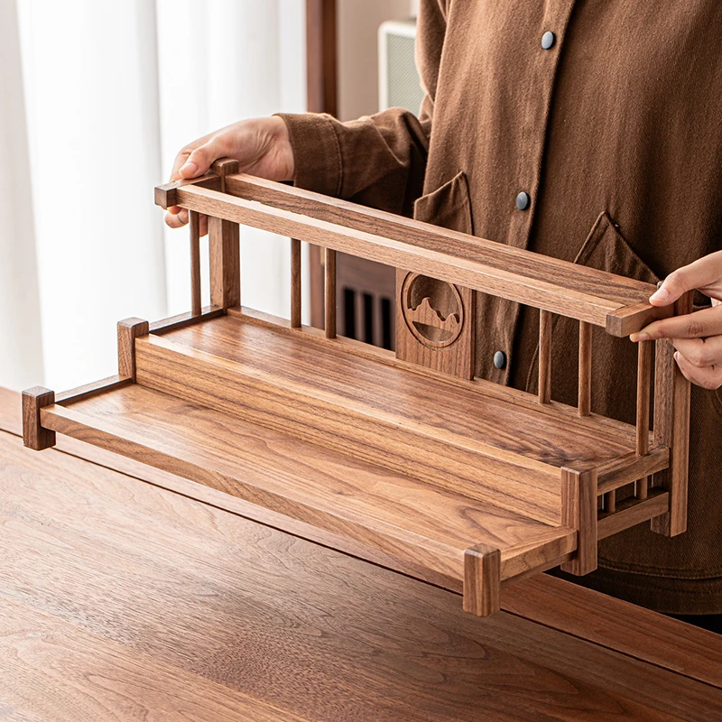 中式胡桃木茶室办公室家用简约收纳置物架茶具架高档轻奢茶道配件