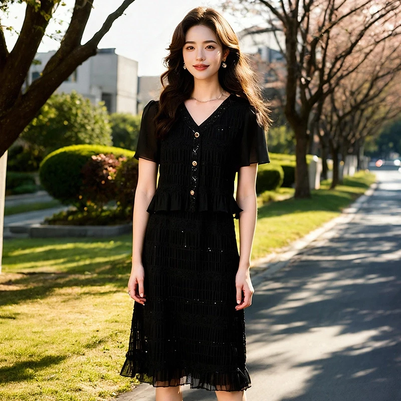 大码女2025夏季减龄荷叶边假两件胖妹妹V领连衣裙时尚黑色夏装