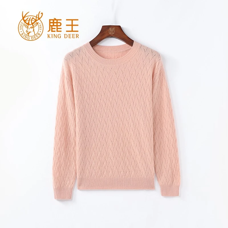 鹿王25春新款女圆领100山羊绒时尚移花镂空钩花针织套衫 24A145