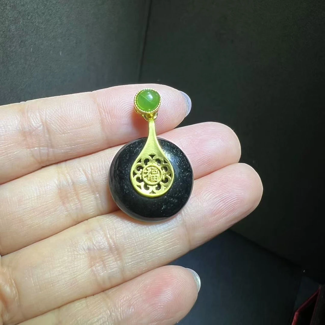 面面来财珠宝AT5332-A货翡翠墨翠平安扣-配绳子