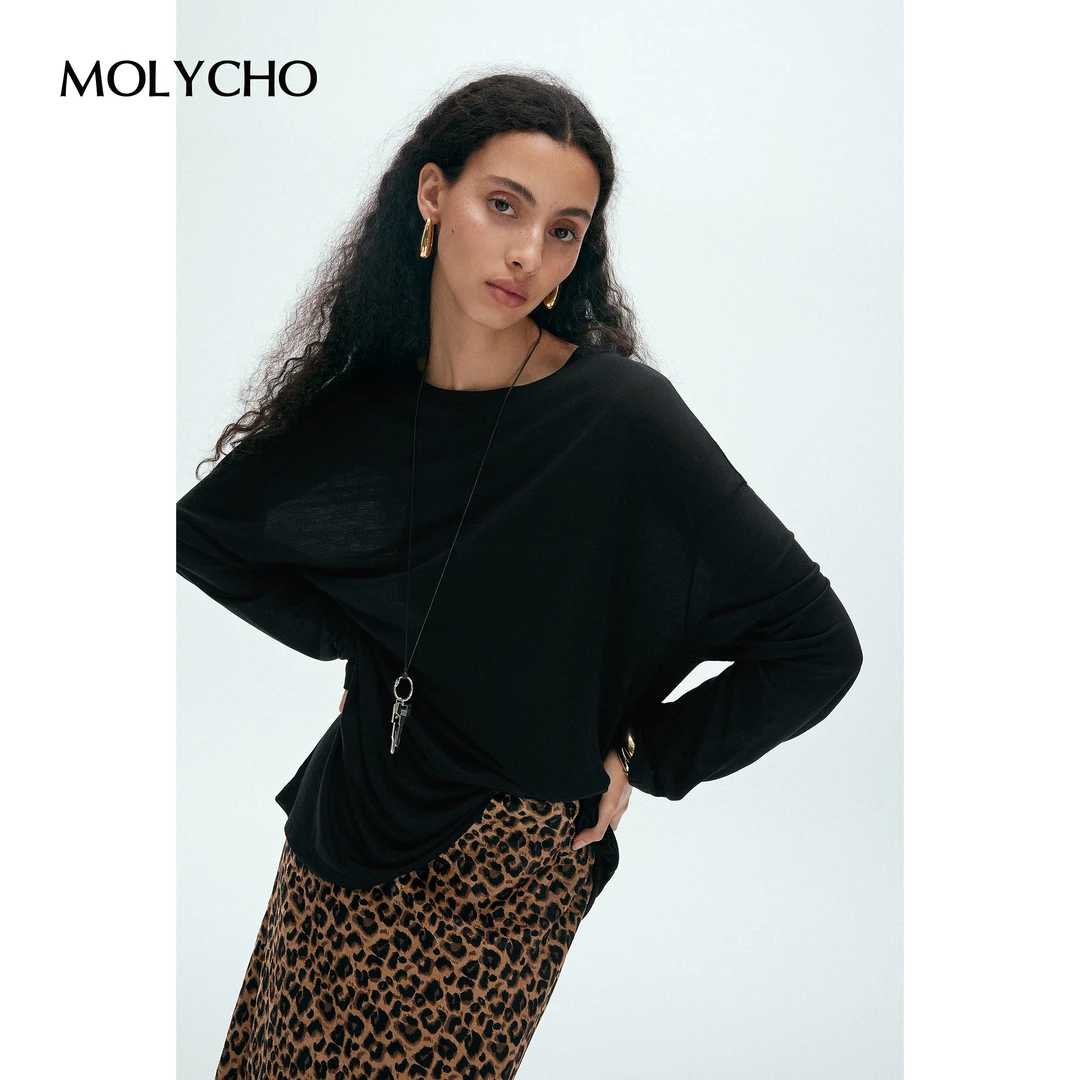 MOLYCHO｜亲肤垂感 薄款透气长袖T恤女/宽松廓形中长款圆领罩衫