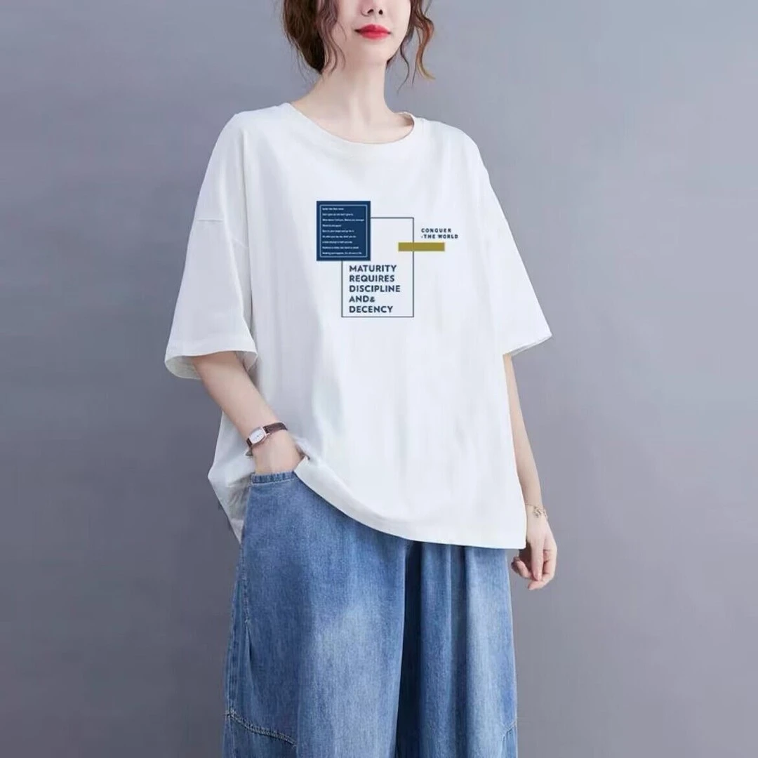 纯棉圆领上衣短袖t恤女宽松显瘦2025夏季新款休闲洋气减龄体恤衫