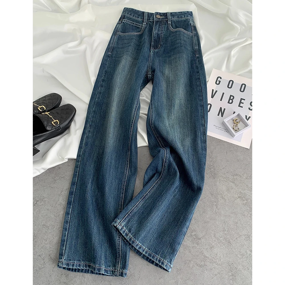 复古蓝水洗牛仔裤女2025春季新款小众高腰宽松直筒显瘦窄版阔腿裤