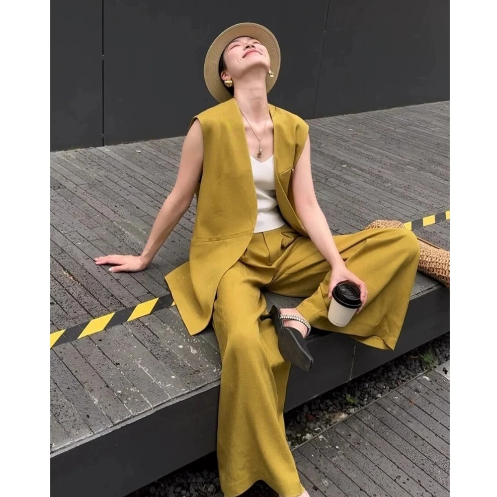 2025夏季时宽松尚套装简约气质芥末黄西装马甲阔腿裤两件套女