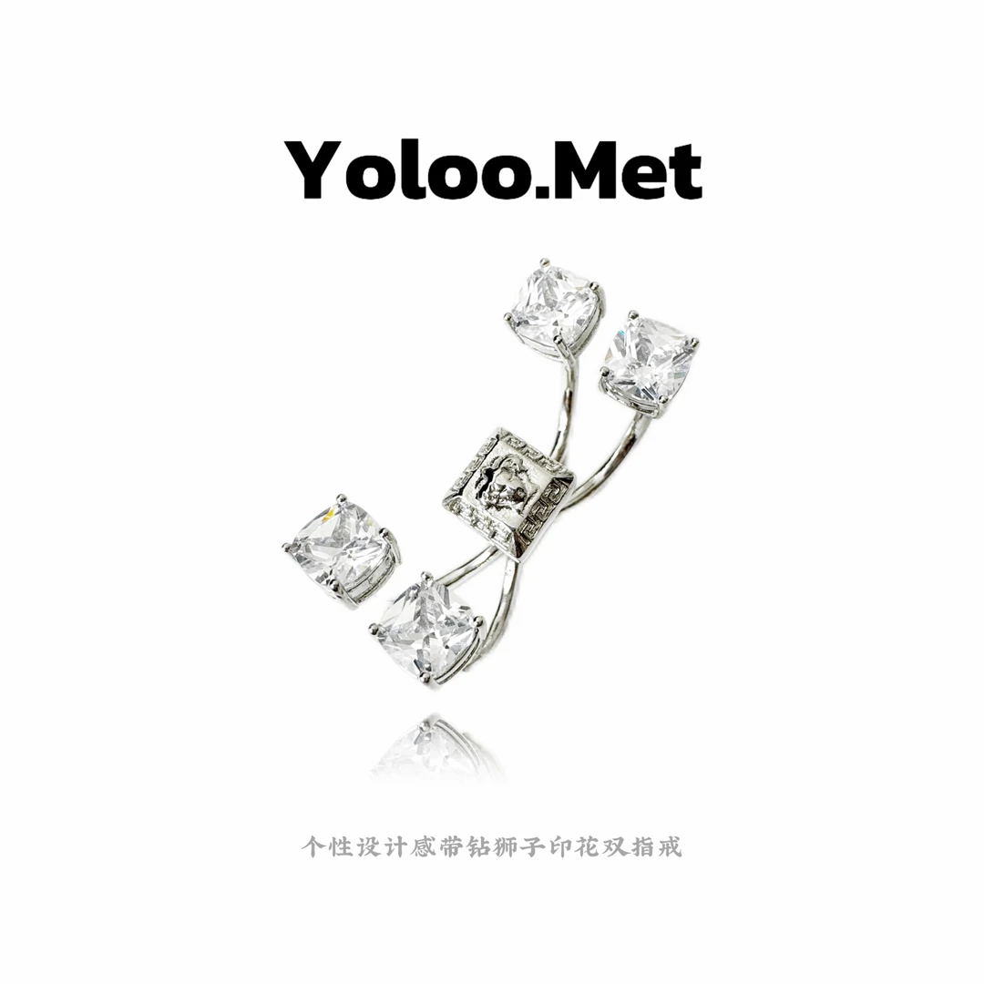 铜合金戒指 【Yoloo.Met】小众轻奢设计感带钻狮子印花百搭双指戒指