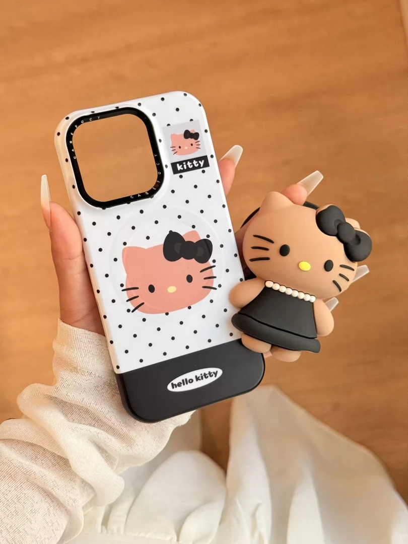 韩系ins风拼色波点小香风黑皮Kitty磁吸支架适用苹果16promax/15