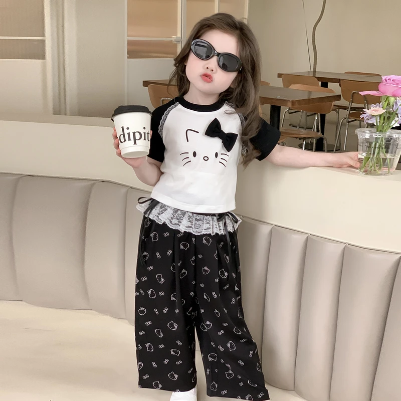 女童夏装套装2025新款儿童洋气猫咪印花蝴蝶结宝宝夏季韩版两件套
