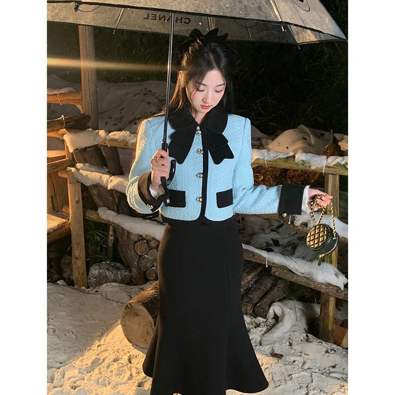 冰冰来了丨【迷迭香茶】法式撞色小香羽绒外套高腰鱼尾裙套装25548