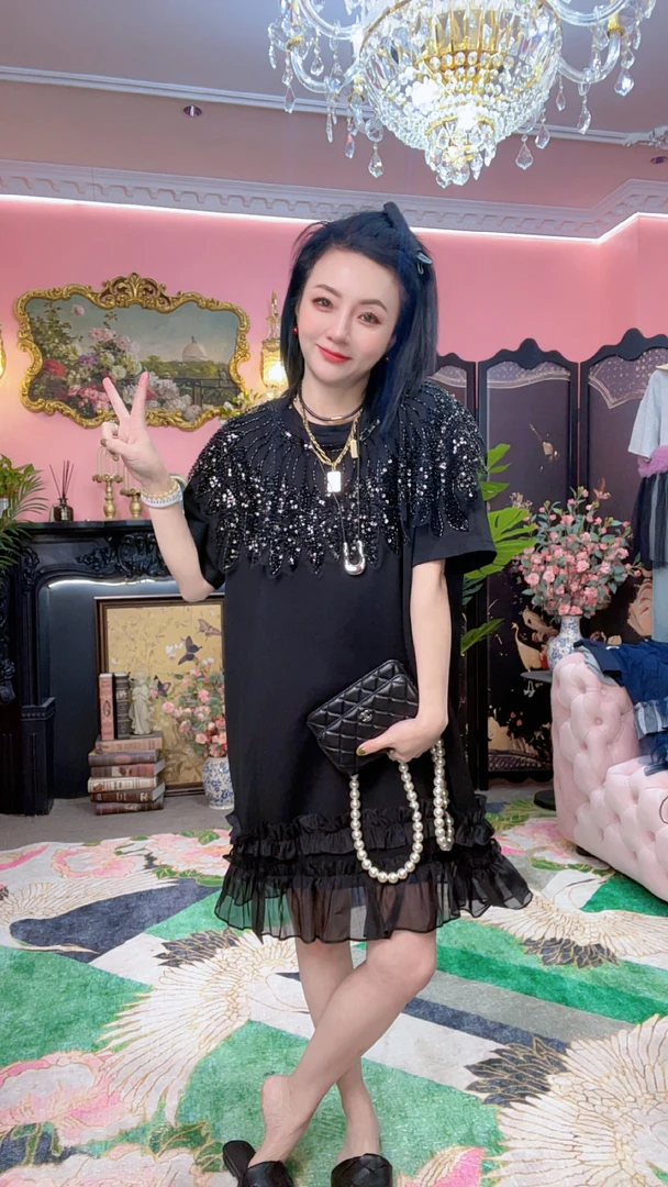 筱欧货木耳边拼接长T恤亮片连衣裙女夏圆领短裙设计感H0138