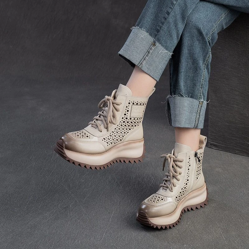 复古高帮镂空短靴2025春夏新款手工擦色透气洞洞凉鞋头层牛皮女鞋
