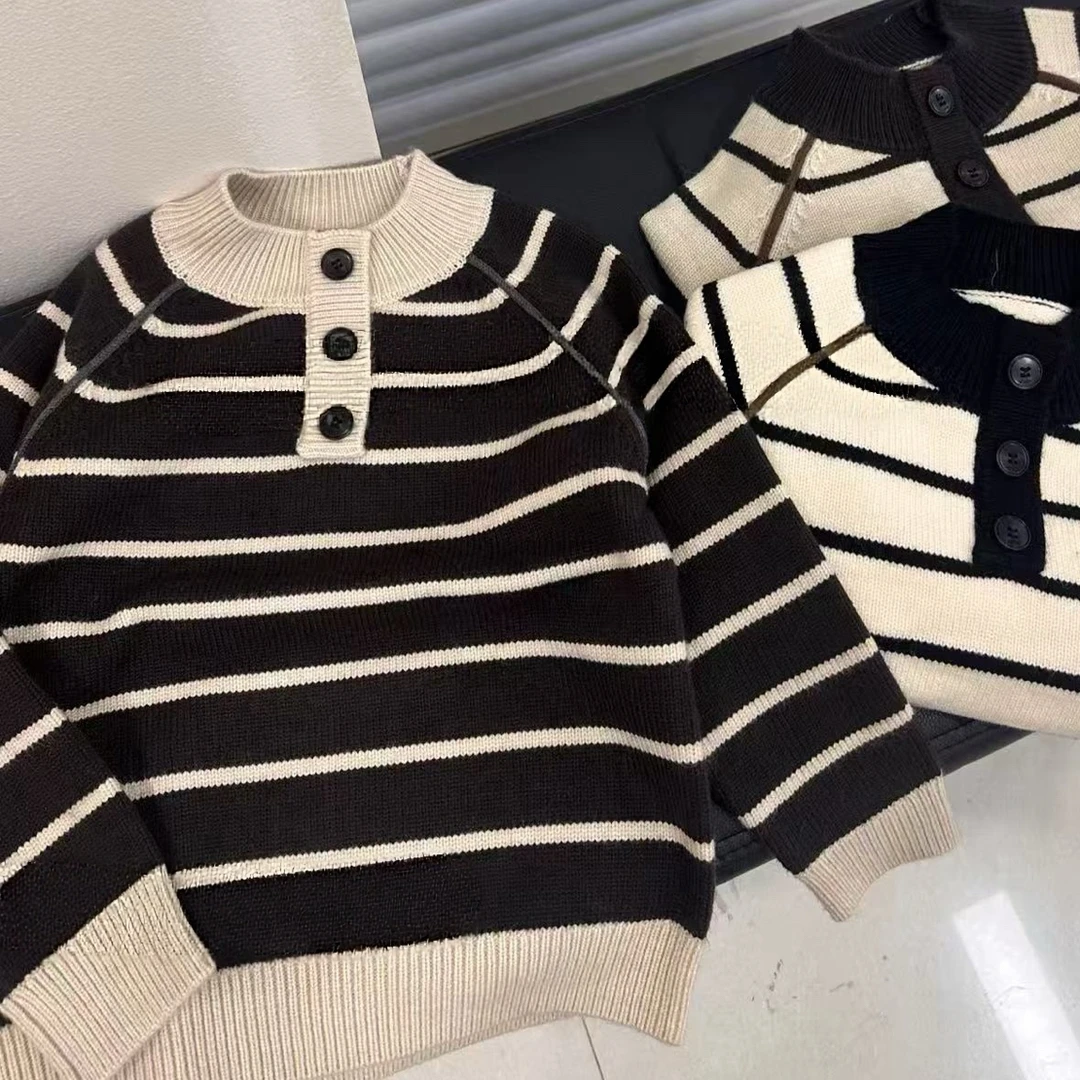 男童新款毛衣秋冬款2025新款男女童立领条纹针织衫洋气上衣冬装