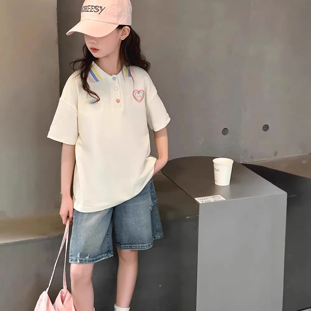 女童短袖polo衫2025新款夏季T恤上衣洋气中大童短T宽松透气上衣夏