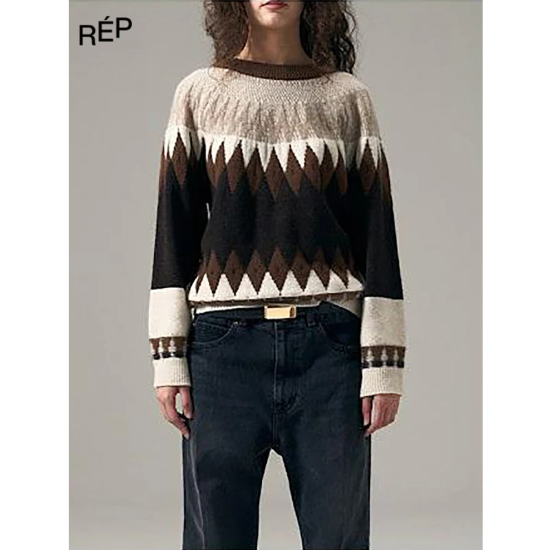 【6折】REP-NOICE设计师品牌棕拼色菱格针织上衣（特价NO退换）