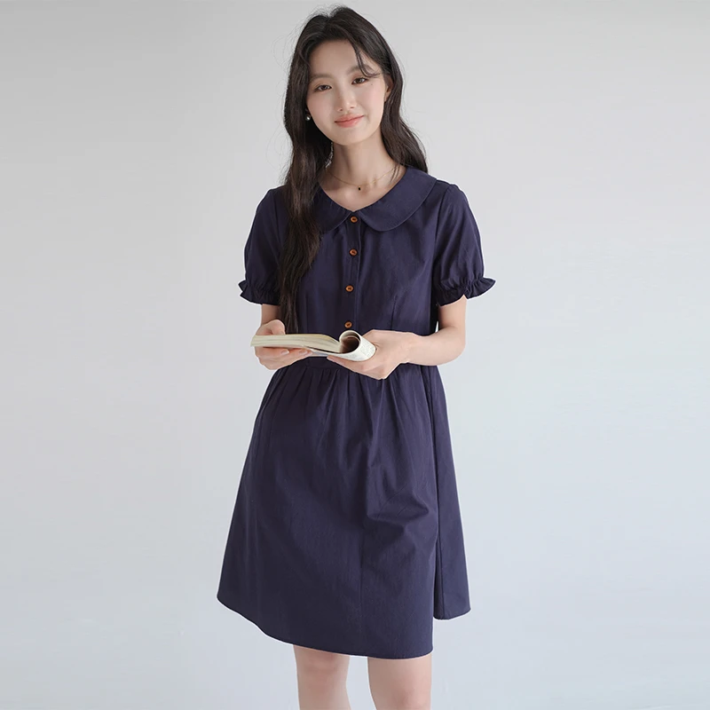 【减龄泡泡袖全棉连衣裙】蓝若水大码2025夏装收腰打褶A字裙8363