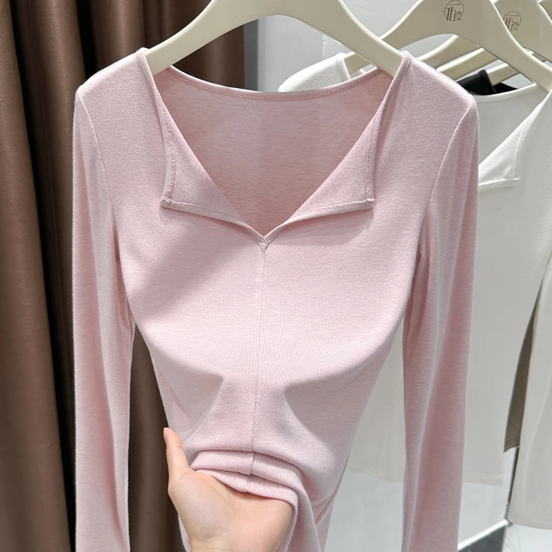 韩系ins风翻领长袖正肩T恤2025秋季新款柔软亲肤针织女装内搭上衣
