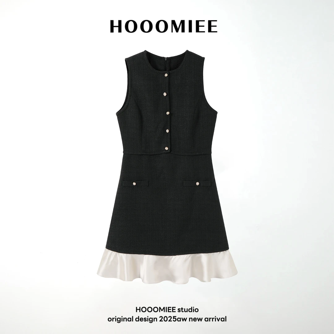 Hooomiee法式扣饰品黑色无袖荷叶边连衣裙女LG005