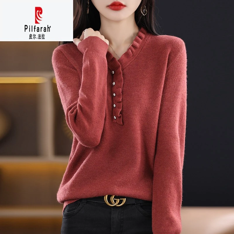 皮尔法拉秋冬上衣女士春装2025年新款春秋季长袖t恤大码毛衣v领针