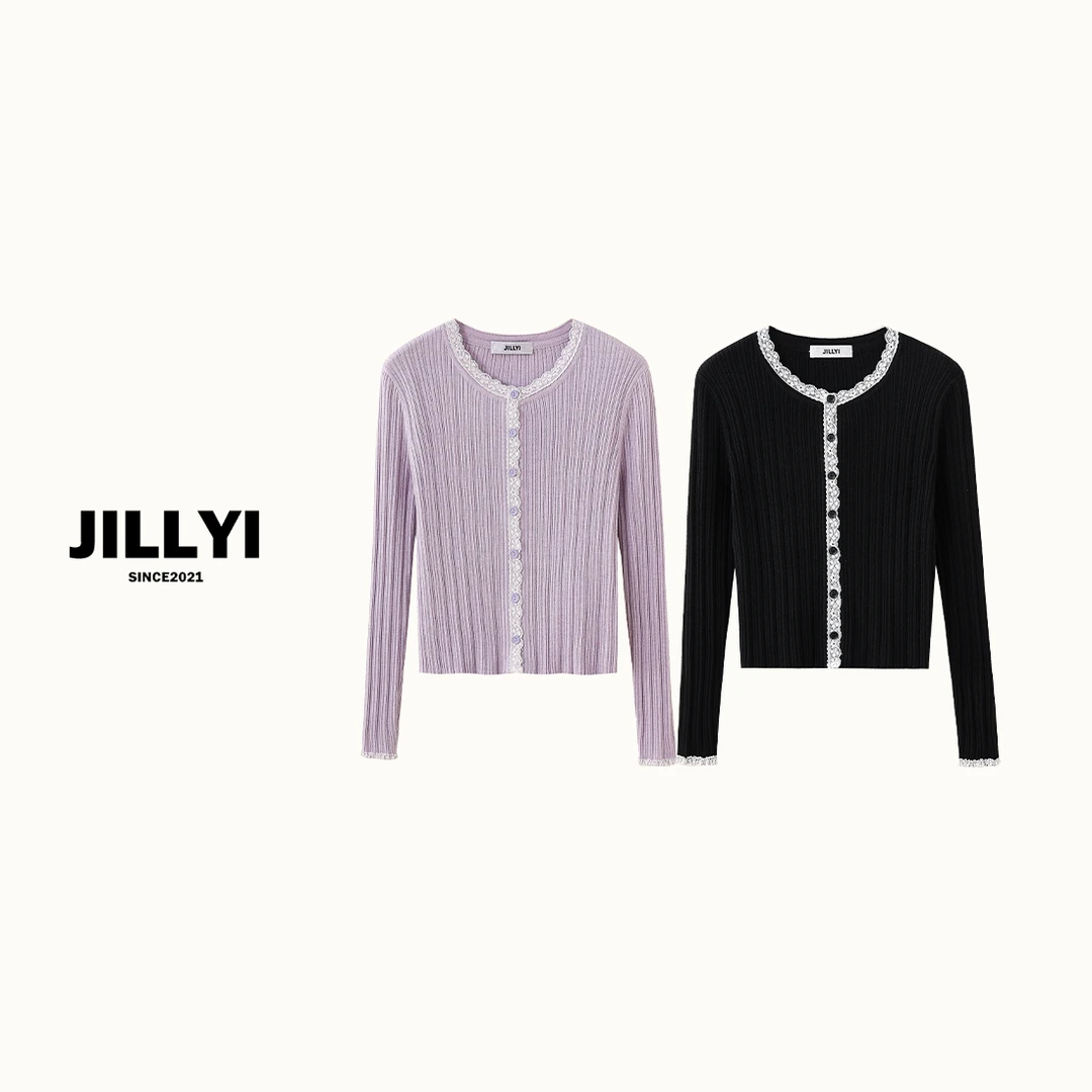 jillyi【紫鸢夜航】双色圆领拼接蕾丝百搭休闲风时尚长袖针织衫