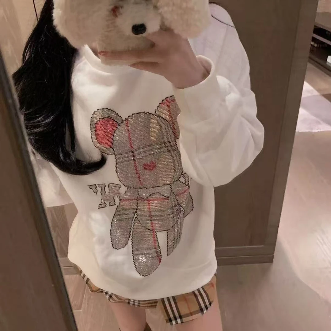 3000潮牌烫钻。拼接纯棉加绒假倆件暴力公仔熊卫衣长袖百搭上衣