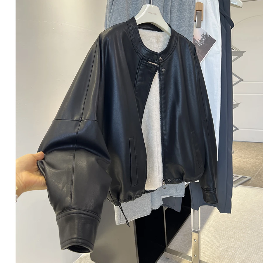 加绒加厚皮衣外套女短款冬装新款立领宽松显瘦机车服蛋白pu皮夹克