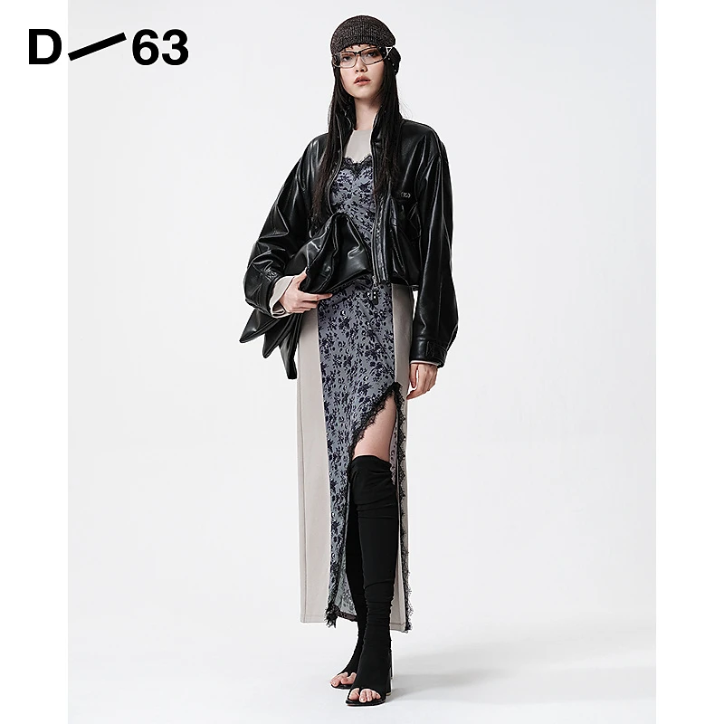 D63女装25春季时尚圆领印花拼接辣妹长袖开叉显瘦连衣裙5F1L94225