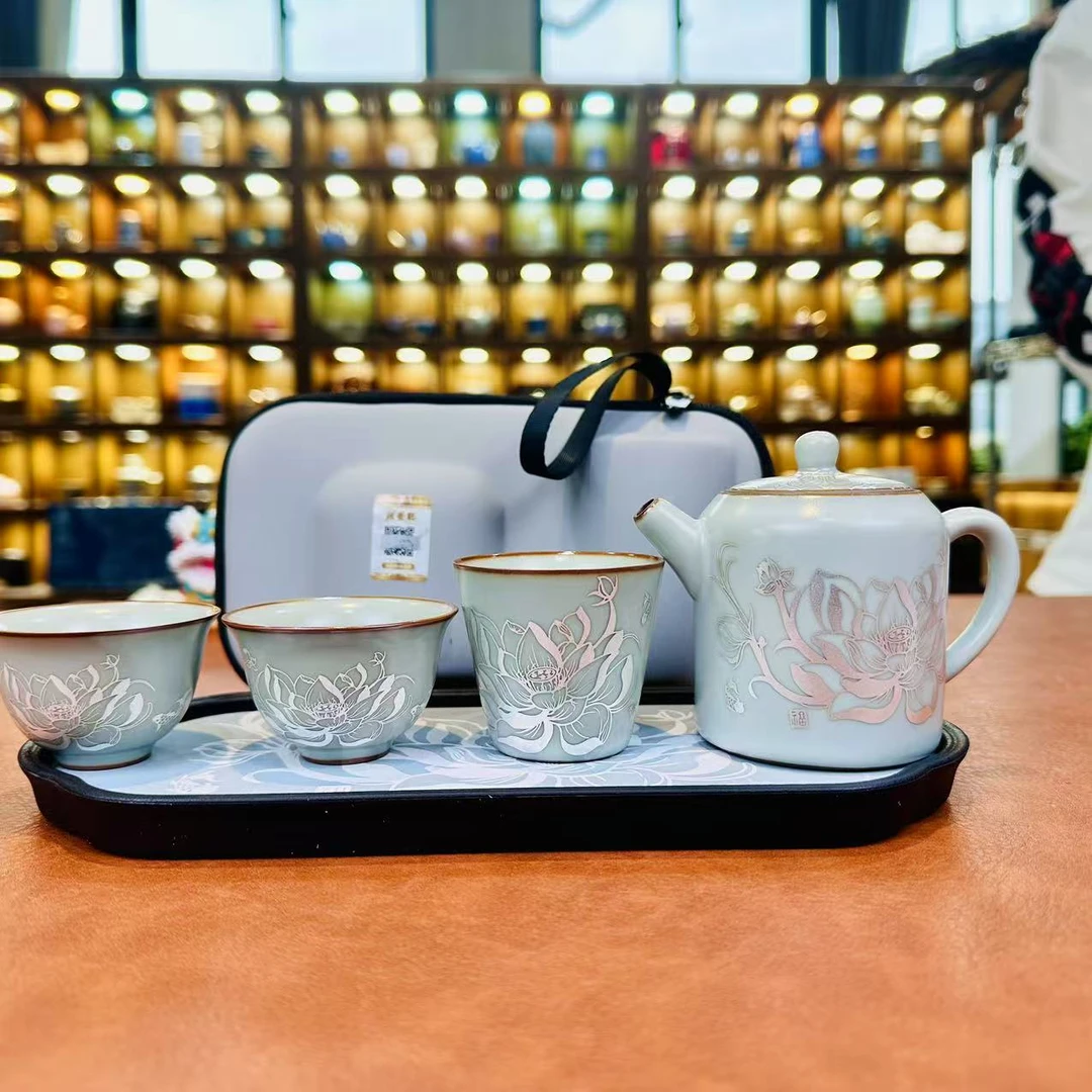 KZH0060-掐丝银莲花一壶三杯旅行套+莲花干泡茶盘