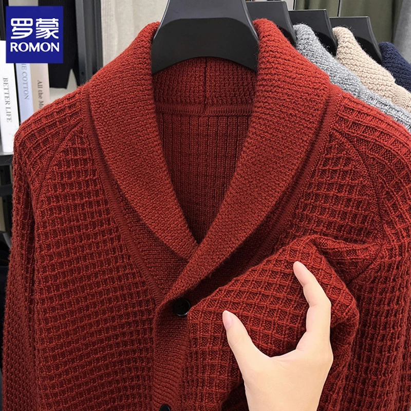 Romon/罗蒙冬季新款男士针织衫长袖中年爸爸毛衣开衫加厚保暖男装