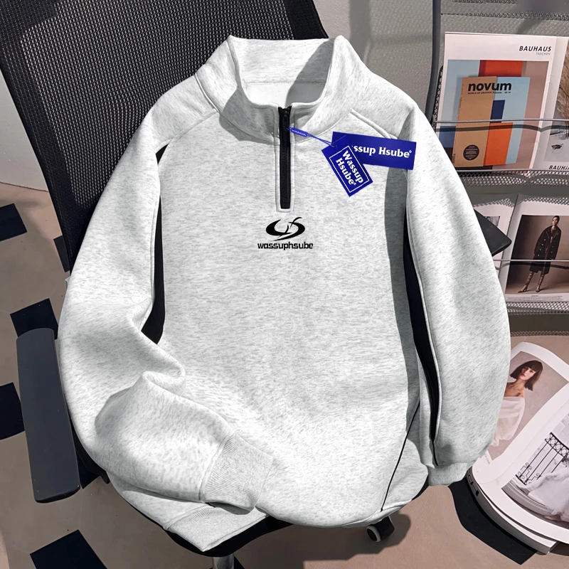 WASSUP HSUBE设计感重磅拼接半拉链立领卫衣男士潮酷高街棒球外套