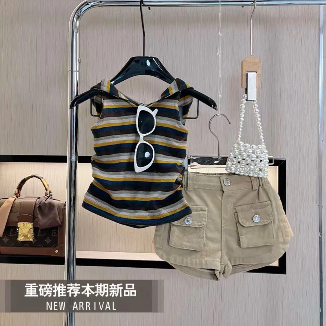 拿铁咖啡~夏季连帽条纹背心短裤套装2025夏装学院风女童两件套
