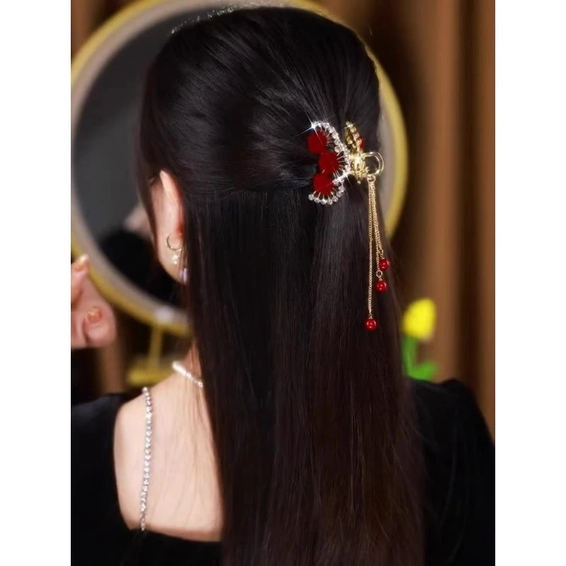 精致三生三世玫瑰花流苏抓夹优雅中抓气质鲨鱼夹山茶花小仙女发夹