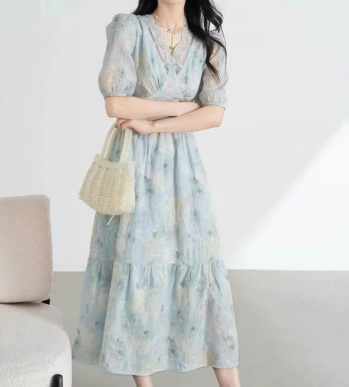 邹先森8929(9117)-29夏季新款重工提花亮片蕾丝拼接v领连衣裙
