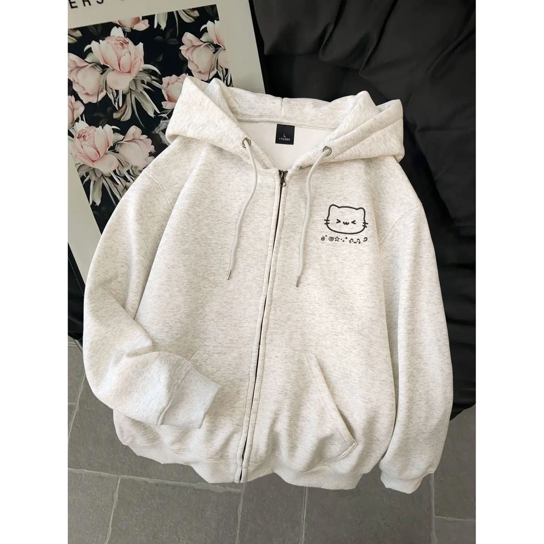 2025新款韩版ins涂鸦印花连帽拉链开衫卫衣女秋冬季新款百搭外套