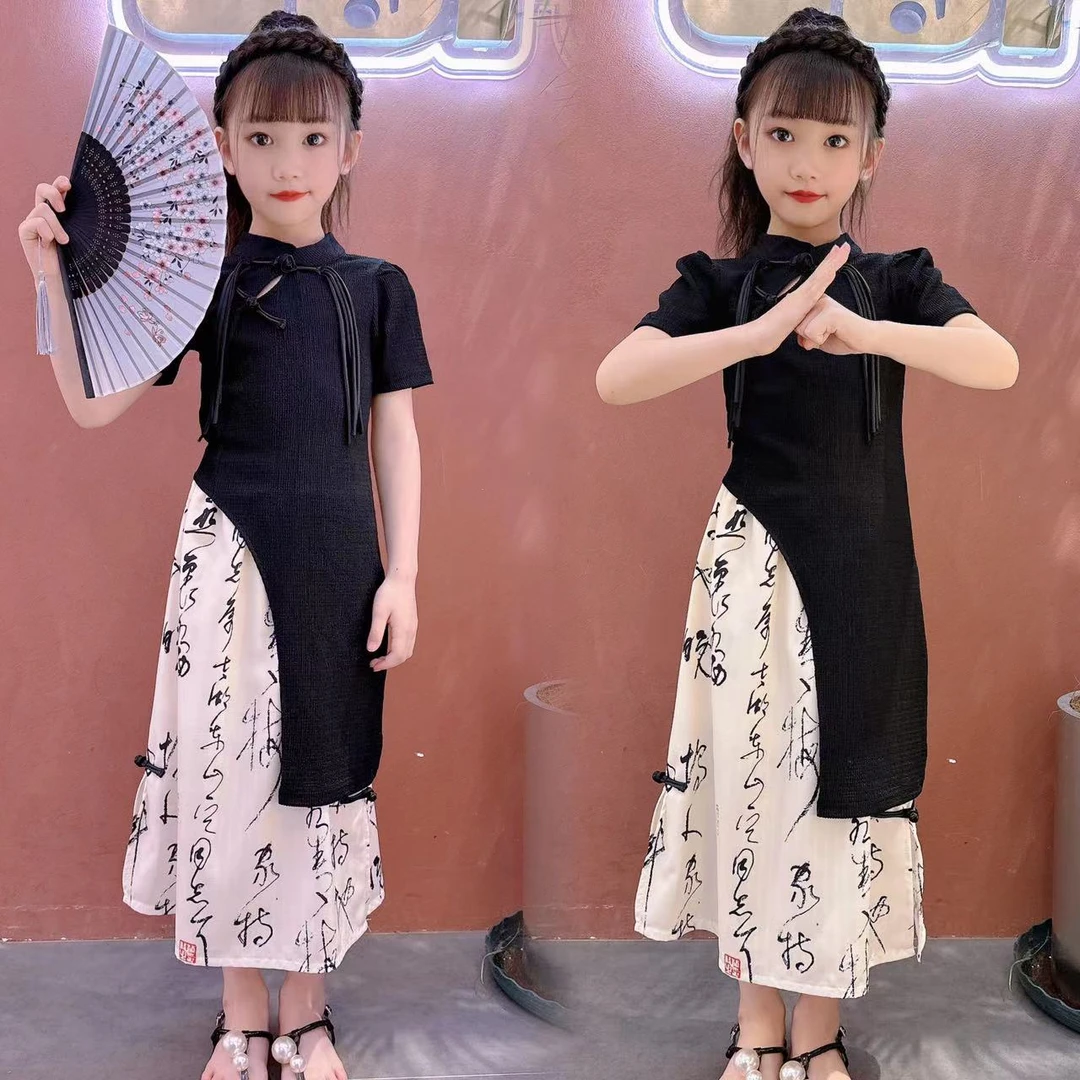 女童夏季6-12岁2024新款旗袍套装两件套洋气改良国风中式大童裙子